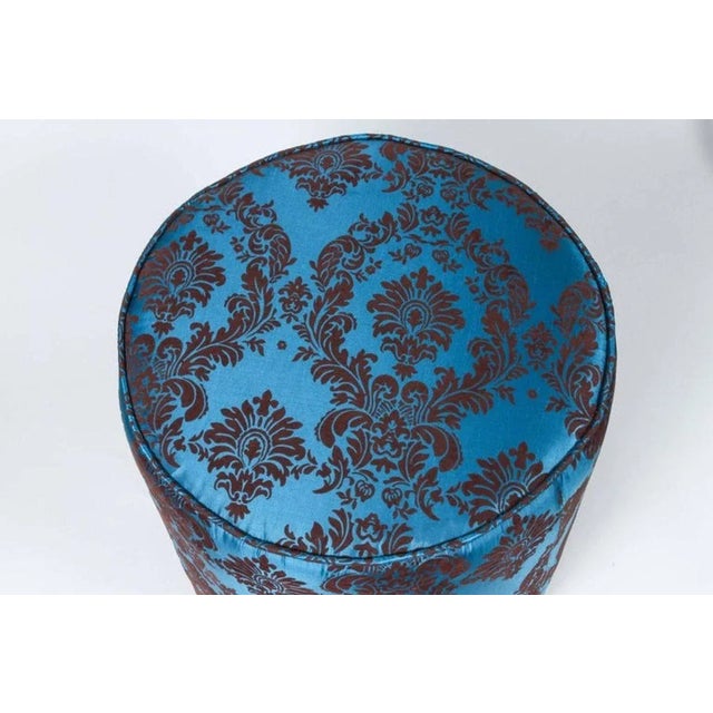 Vintage Moroccan Blue and Brown Cut Velvet Round Pouf Ottoman, Art Deco For Sale - Image 4 of 10