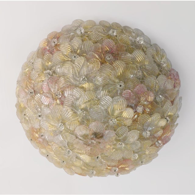 Vintage Italian flush mount with clear, gold and pink hand blown Murano glass flowers / Made in Italy in the 1960s by...