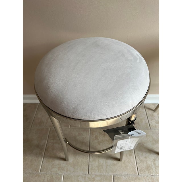 Baker Furniture Minimalist Counter Stool, Polished Nickel Base, Swivel Seat in White Suede - Pair For Sale In Charlotte - Image 6 of 18