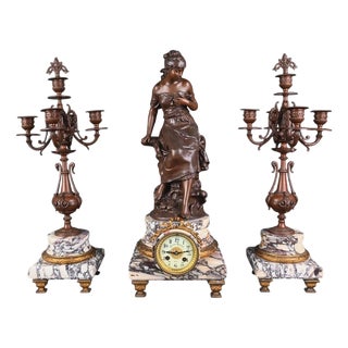 Early 20th Century Marble and Spelter Fireplace Mantel Set by A. Moreau, Set of 3 For Sale