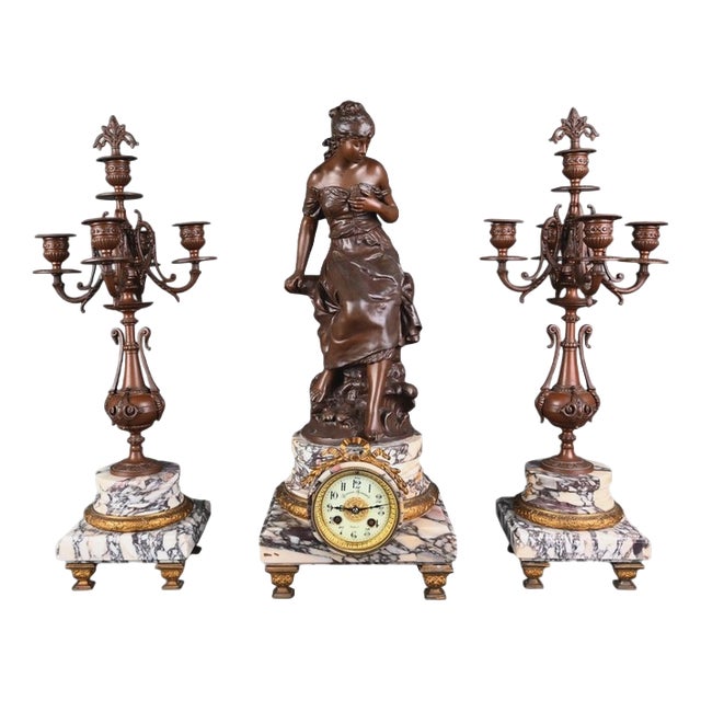 Early 20th Century Marble and Spelter Fireplace Mantel Set by A. Moreau, Set of 3 For Sale