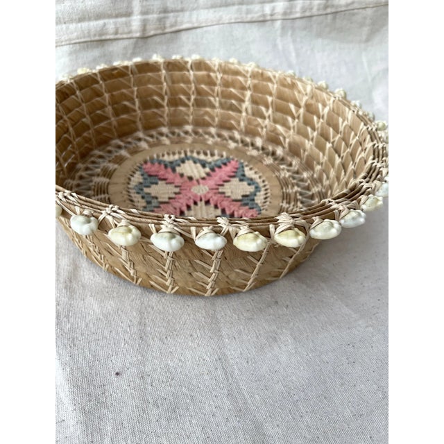 Textile Vintage Hand Woven Seagrass/Raffia Bowl W/Sea Shell Trim & Embroidery For Sale - Image 7 of 8