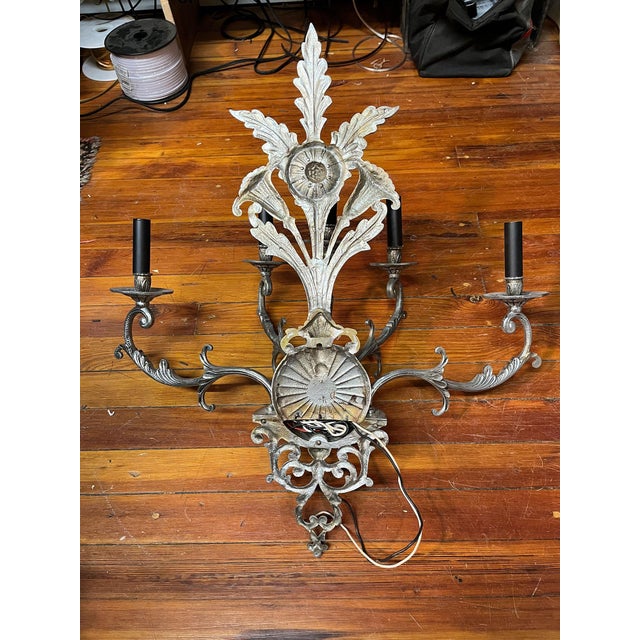 Vintage Large Five-Branch Nickel-Brass Ornate Wall Sconces - a Pair For Sale - Image 9 of 13