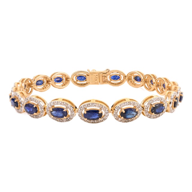 Deco-Style Halo Diamond Natural Blue Sapphire Tennis Bracelet in 14k Solid Gold- 7 Inch For Sale