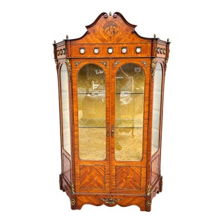 French Louis XV Marquetry Display Cabinet Figural Mounts Porcelain Medallions For Sale
