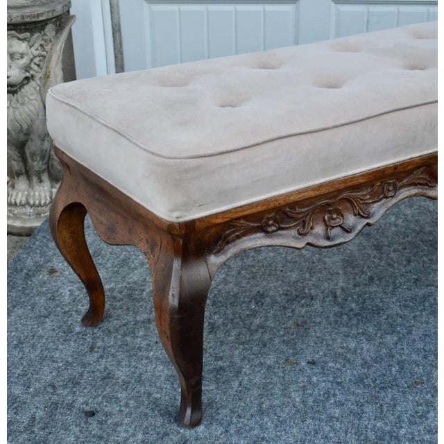 French Country Window Bench Vintage Tufted Upholstered Carved End Stool For Sale - Image 14 of 15
