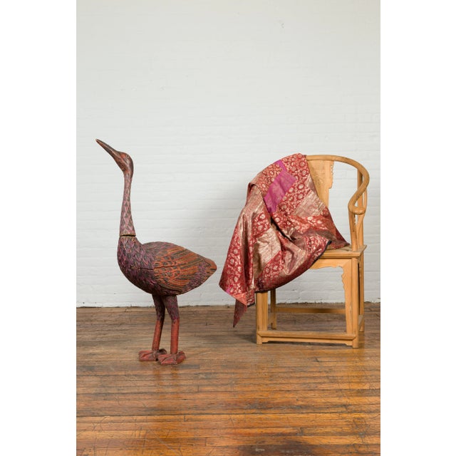 Wood Indonesian Hand Carved Heron Sculpture with Purple, Orange and Black Tones For Sale - Image 7 of 13