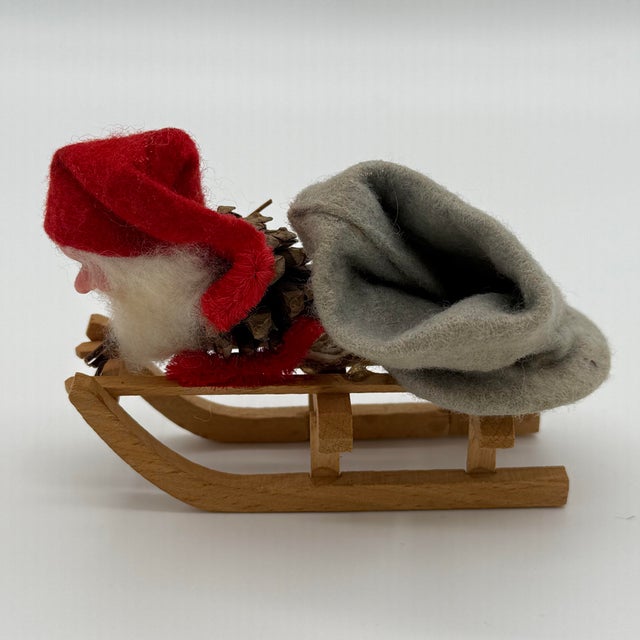 Mid 20th Century Vintage German Erzgebirge Pinecone Santa on Wooden Sled – Mid-Century Christmas Folk Art With Toy Train For Sale - Image 5 of 12