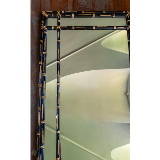 Mid-Century Faux Bamboo Chinoiserie Black and Gold Carved Wood Mirror For Sale - Image 4 of 16