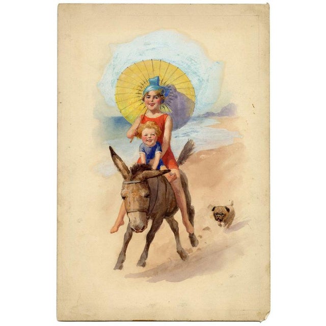 An original 1920s watercolour painting, Charles Thomas Howard, Art Deco Girl on Seaside Donkey.A wonderfully striking...