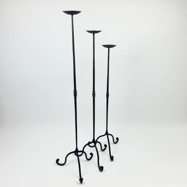 Hand Forged Iron Candelabra Set of 3 (92-112cm) Antique Copper Finish Straight Stem with French Scroll Base For Sale - Image 6 of 7