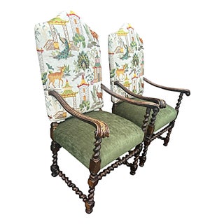 Vintage Hacienda Chairs by Sherrill Reupholstered in P. Kaufmann Ayala Jasper Embroidery - A Pair For Sale