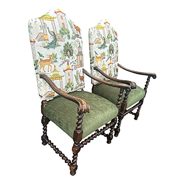 Vintage Hacienda Chairs by Sherrill Reupholstered in P. Kaufmann Ayala Jasper Embroidery - A Pair For Sale