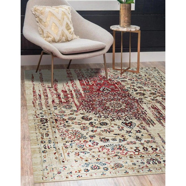 5x8 Ivory Machine Made Wool Viscose Floral Medallion Geometric Carpet Rug For Sale - Image 4 of 4