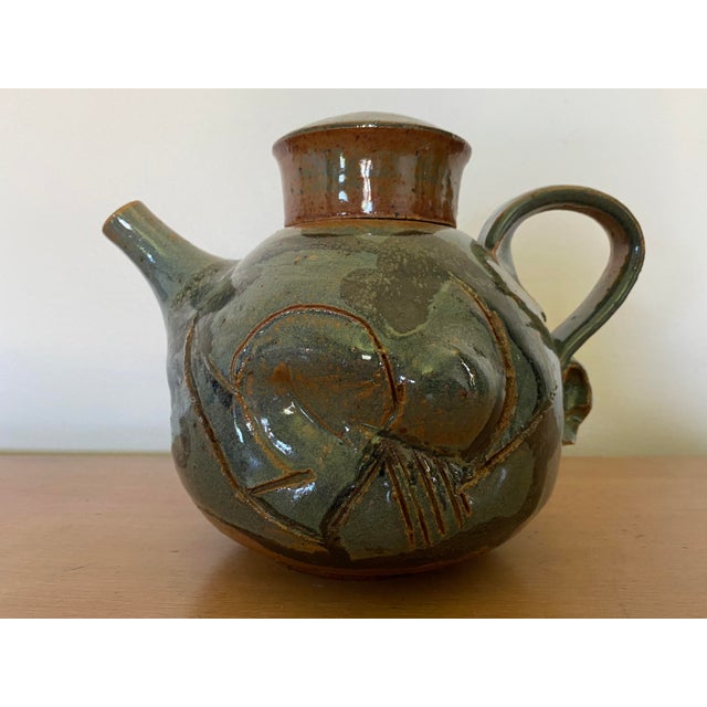 1960s Brutalist Studio Pottery Stoneware Teapot With Abstract Glazing by Laura Vaughn For Sale - Image 4 of 13