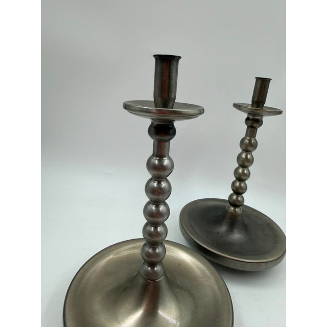 1950s Mid-Century Brushed Chrome Bobbin Candlestick Holders Set Taper by Stoff Nagel, 1950s, Set of 2 For Sale - Image 5 of 15