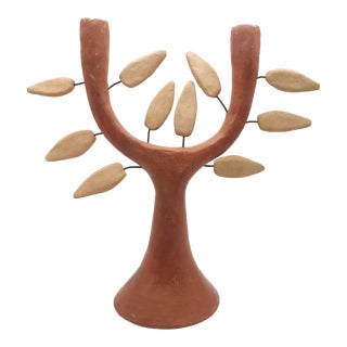 Vintage Mexican Folk Art Pottery Tree of Life Candelabra For Sale