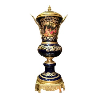 French-Inspired Cobalt Black Vase – Hand-Decorated Porcelain With Gold Leaf & Bronze Accents For Sale
