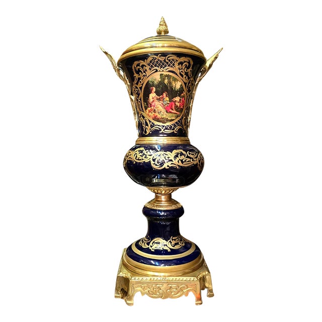 French-Inspired Cobalt Black Vase – Hand-Decorated Porcelain With Gold Leaf & Bronze Accents For Sale
