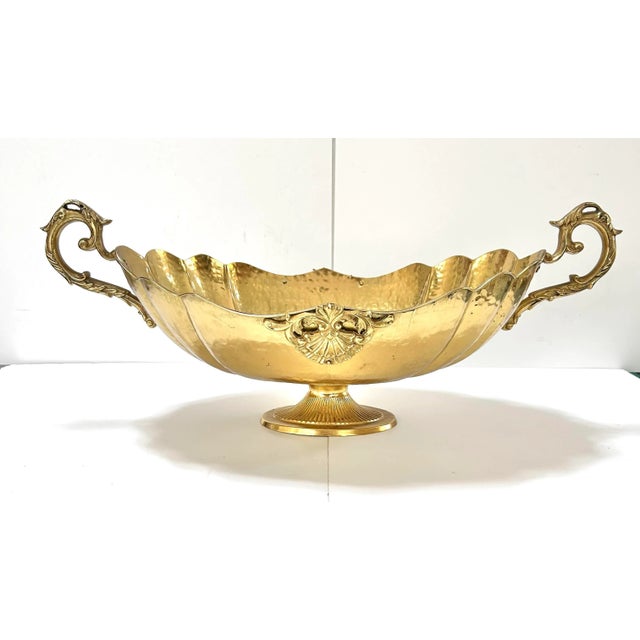 English Large Hollywood Regency Brass Pedestal Bowl – Scalloped Centerpiece With Ornate Handles For Sale - Image 3 of 12