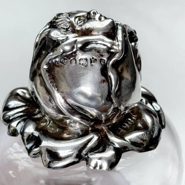 Traditional Antique Sterling Silver & Crystal Sugar Pourer | Art Nouveau Rosebud Lady Lid | 6.25” For Sale - Image 3 of 5