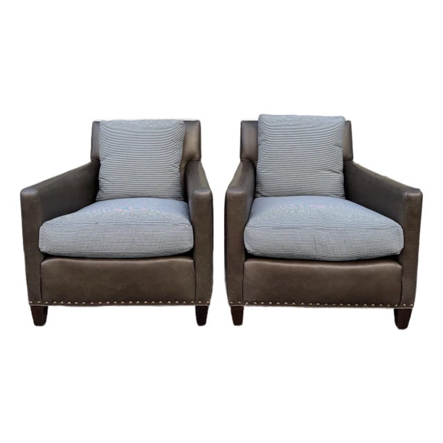 Lee Industries Leather Club Chairs - Pair With Nailhead Trim, Designer Style, Priced to Sell For Sale