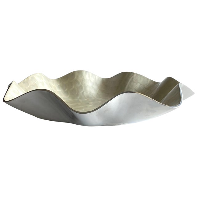 Cream Contemporary Metal Ruffle Serving Bowl With Enameled Capiz Shell Style Motif - 16.25” For Sale - Image 8 of 8