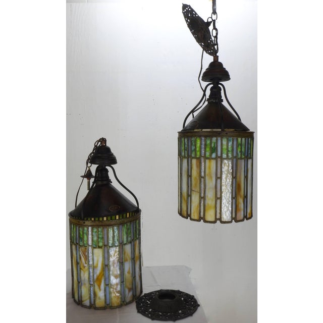 I. P. Frink Stained Glass Hanging Light Fixtures For Sale - Image 11 of 13
