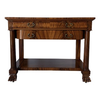 Antique Empire Style Console Table With Carved Paw Feet & Casters For Sale