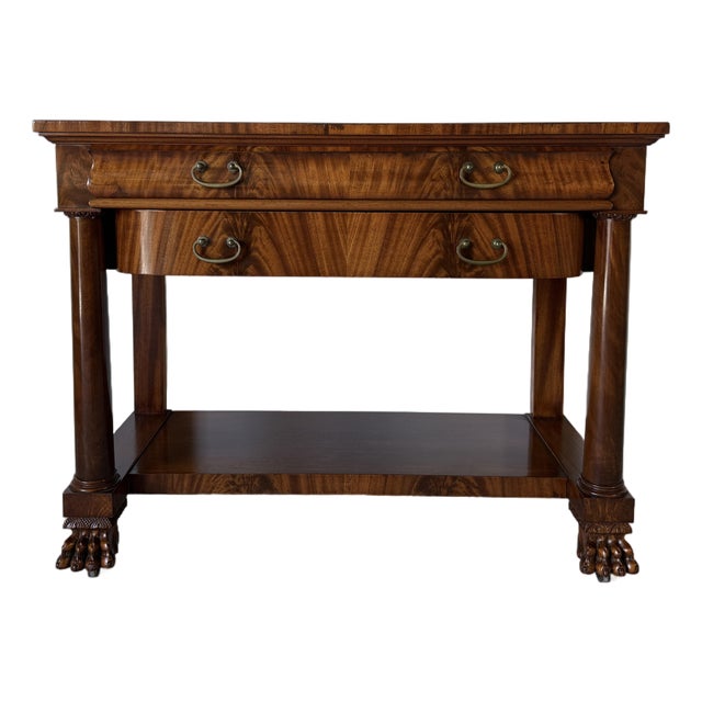 Antique Empire Style Console Table With Carved Paw Feet & Casters For Sale