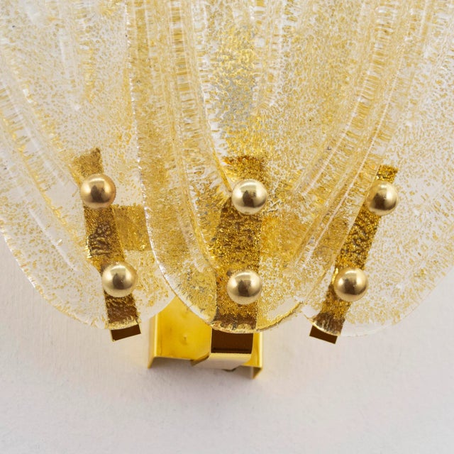 Gold Large Wall Lights with 3 Murano Glass Amber Color Leaves and Gold Structure, Italy For Sale - Image 8 of 12