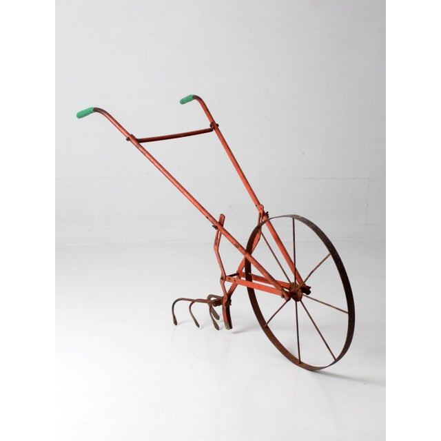 Orange Antique 1930s Wheel Hoe Garden Cultivator For Sale - Image 8 of 17