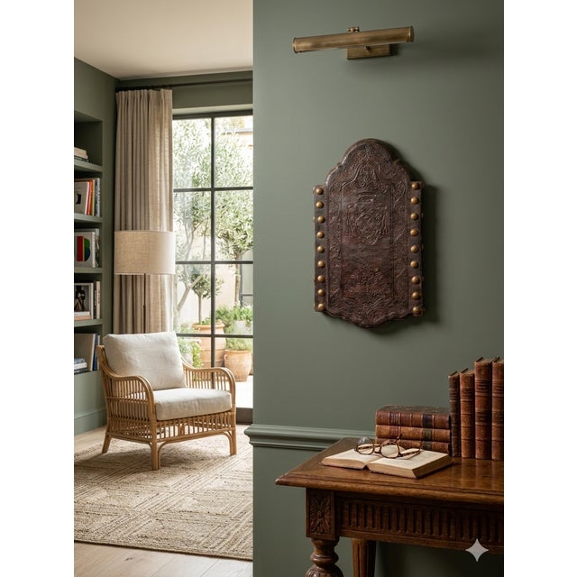 18th century Portuguese embossed leather Panels w/Heraldic Crest & Brass studs- a Pair Dimension 30x18x 2" Description...