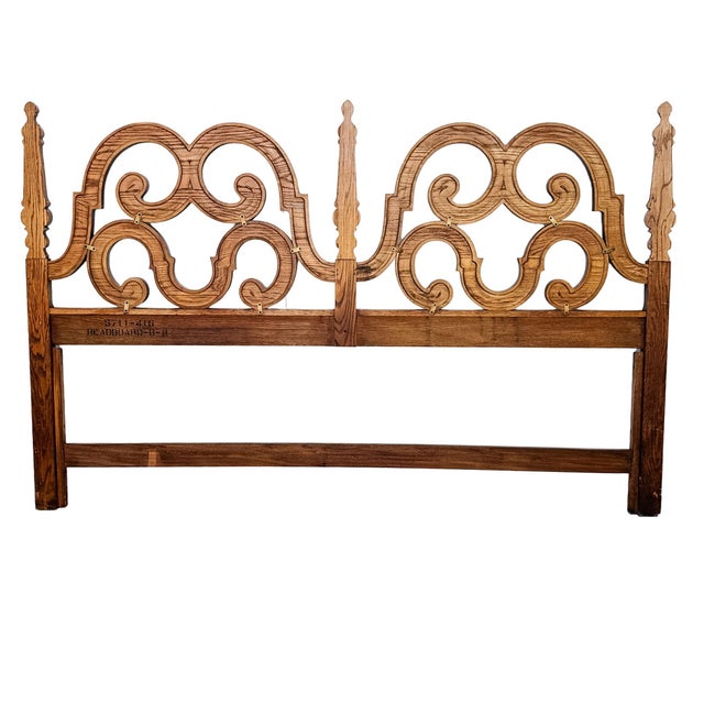 1970s Thomasville Segovia Collection Spanish Mediterranean Revival Oak Fretwork King Headboard For Sale - Image 9 of 11