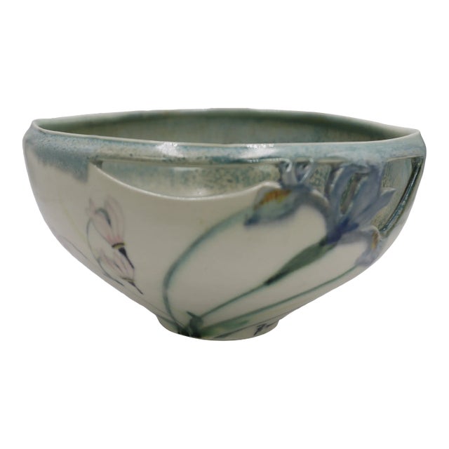 Vintage 1990s Robert Finn Porcelain Studio Art Pottery Cutout Work Iris & Columbine Bowl/Centerpiece Signed For Sale