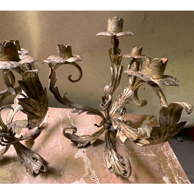 Mid 20th Century Pair of Italian Silver Gilt Tole 4 Light Candelabra Candle Holder Lights Leaf & Swirl For Sale - Image 6 of 11