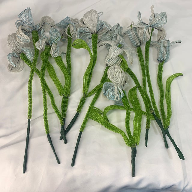 Sky Blue French Beaded Flowers Pale Blue and White Iris For Sale - Image 8 of 12