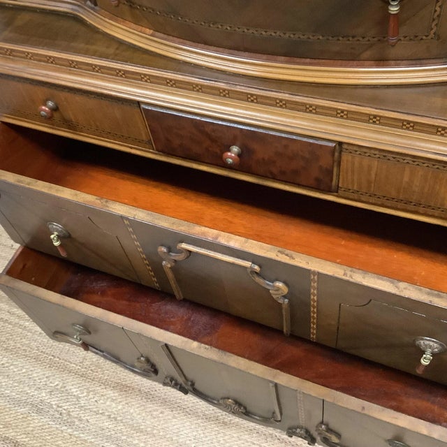 Brown Antique Burled Wood Dresser Bakelite Handles 10 Drawer Tiered Inlaid Trim Solid Wood Depression Era For Sale - Image 8 of 12