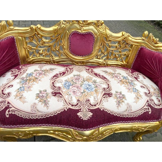 Late 20c French Louis XVI Red Velvet Gilt Beech Settee For Sale - Image 6 of 13