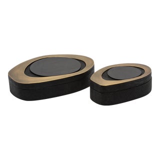 Set of 2 Boxes in Black Shagreen With Shell and Bronze Patina Brass Details by R&y Augousti For Sale