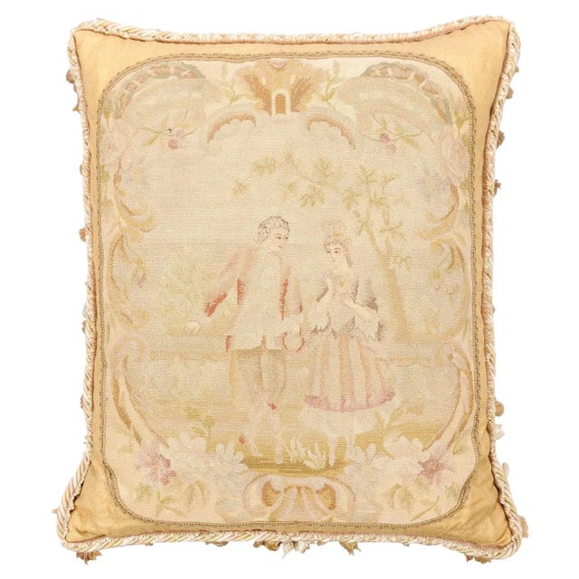 French 19th Century Needlepoint Tapestry Pillow Depicting Two Artistocrates For Sale - Image 12 of 12
