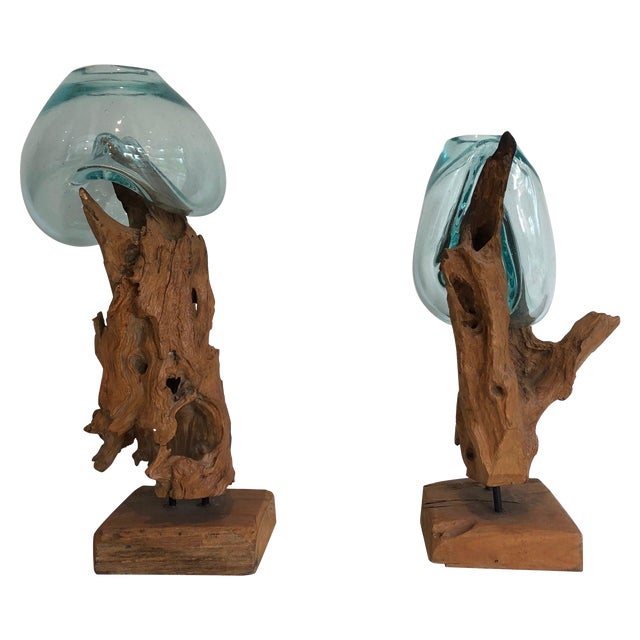 1980s Wood and Glass Vases - a Pair For Sale