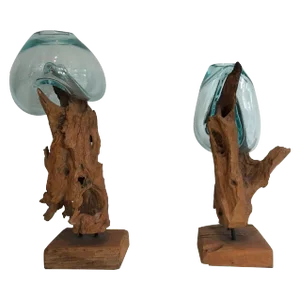 1980s Wood and Glass Vases - a Pair