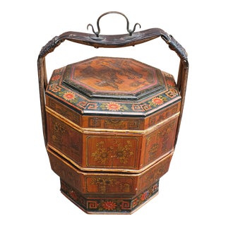 19th Century Asian Two-Tier Lacquered and Decorated Handled Basket For Sale