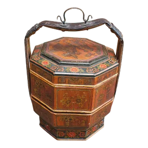 19th Century Asian Two-Tier Lacquered and Decorated Handled Basket