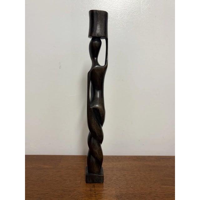 Vintage Hand-Carved Dark Wood Figural Candlestick, 12 Inch For Sale - Image 4 of 10