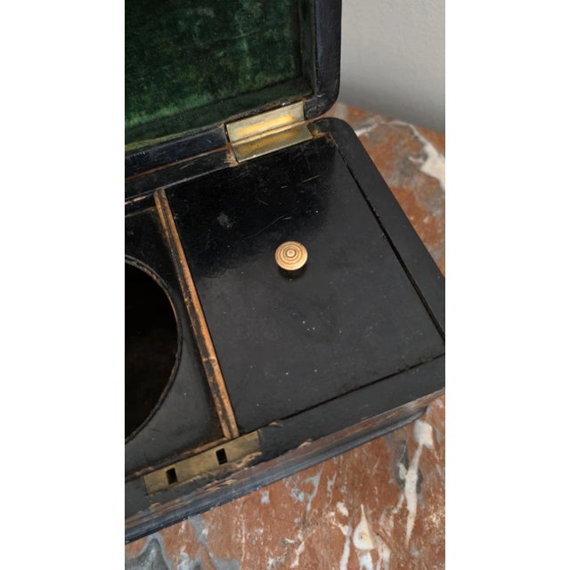 Antique Victorian Papier Mache Tea Caddy Mother of Pearl Inlay Black Lacquer Box Cut Crystal Mixing Bowl 19th Century For Sale - Image 16 of 17