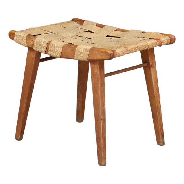 Mid-Century Modern French Stool with Woven Jute Seat, 1950 For Sale