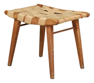 Mid-Century Modern French Stool with Woven Jute Seat, 1950