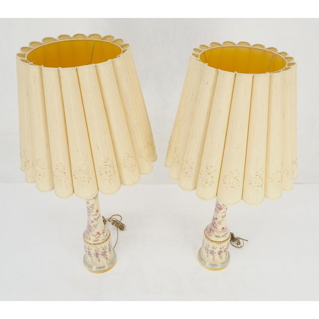 Stiffel Pair of 39" Tall Ceramic Hand Painted Round Tower Shape Table Lamps w/ Shades For Sale - Image 4 of 13